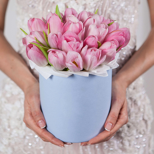 Купить Шляпная коробка с розовыми тюльпанами BLUE