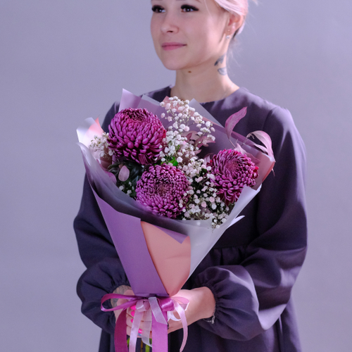 Купить Букет-комплимент премиальных хризантем Bigoudi Purple #992