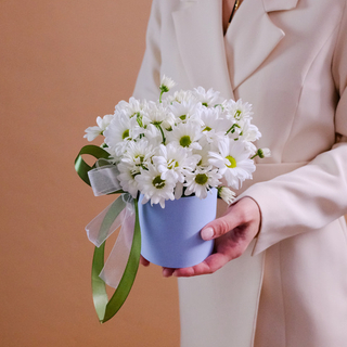 Композиция-мини «Ромашки» в шляпной коробке #947